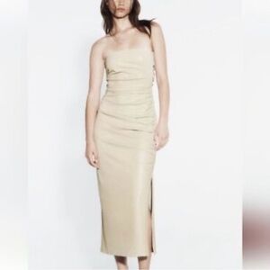 Zara Strapless Faux Leather Cream Dress medium